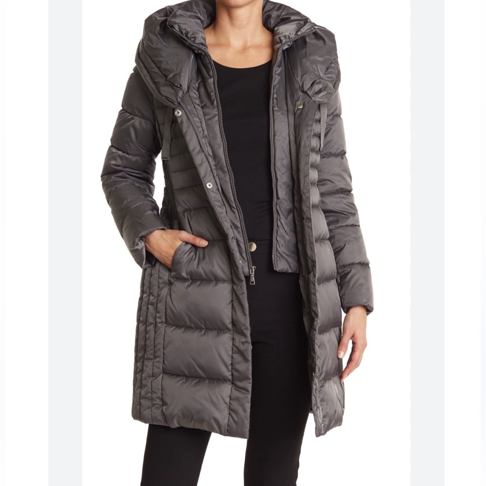 Tahari Diamond Quilted Gray Puffer Coat Long Hooded